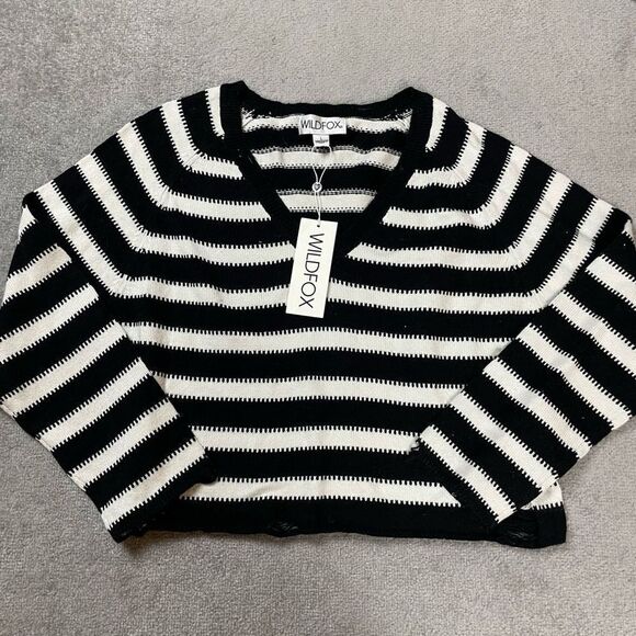 Wildfox Women’s Large Knit Black White Striped Pullover V Neck Sweater NWT - Picture 1 of 4